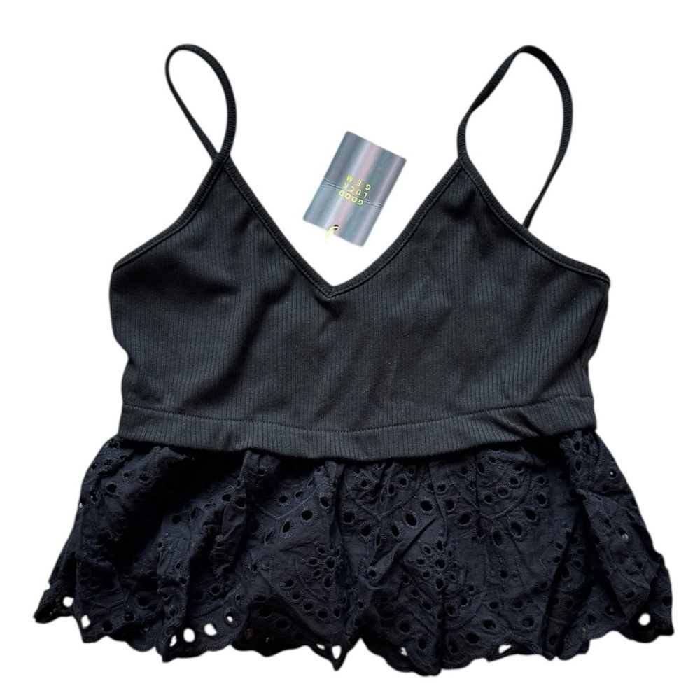 Black Eyelet Peplum Crop Top Spaghetti Strap Lace Tank Top ribbed size Medium